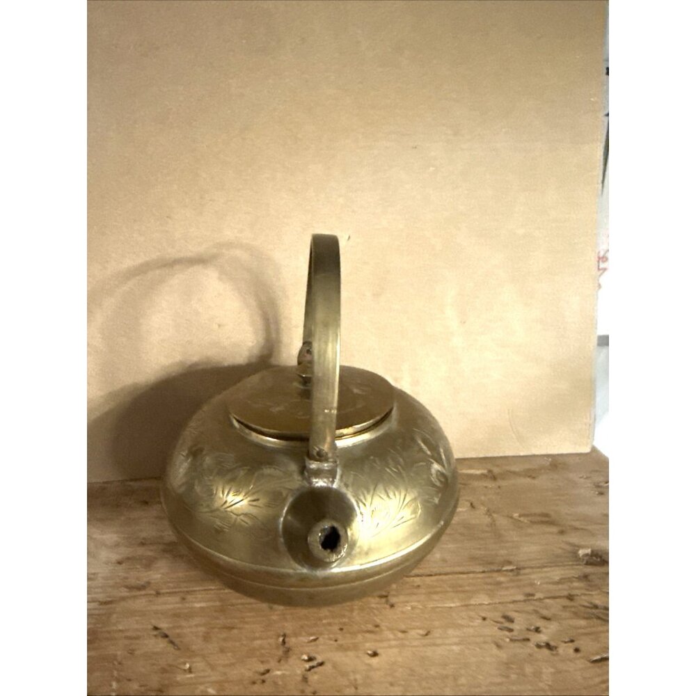 Vintage Small Etched Brass Teapot India 3" Brass Floral Decor Bronze Handle - Picture 3 of 11